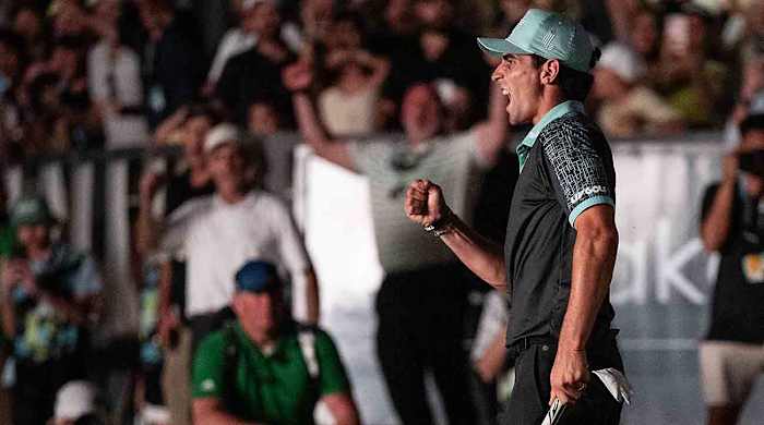 Captain Joaquín Niemann of Torque GC celebrates after making his putt on the fourth playoff hole to win LIV Golf Mayakoba at the El Camaleón Golf Course on Sunday, Feb. 4, 2024. in Playa del Carmen, Mexico.